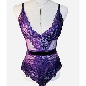 Women’s Purple Lace Bodysuit Satin Bow Tie Medium